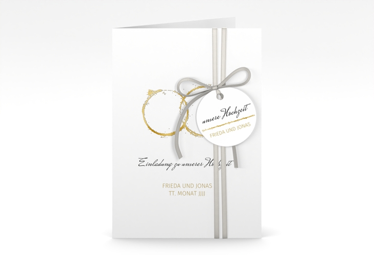Einladungskarte Hochzeit Trauringe A6 Klappkarte hoch gold gold minimalistisch gestaltet mit zwei Eheringen