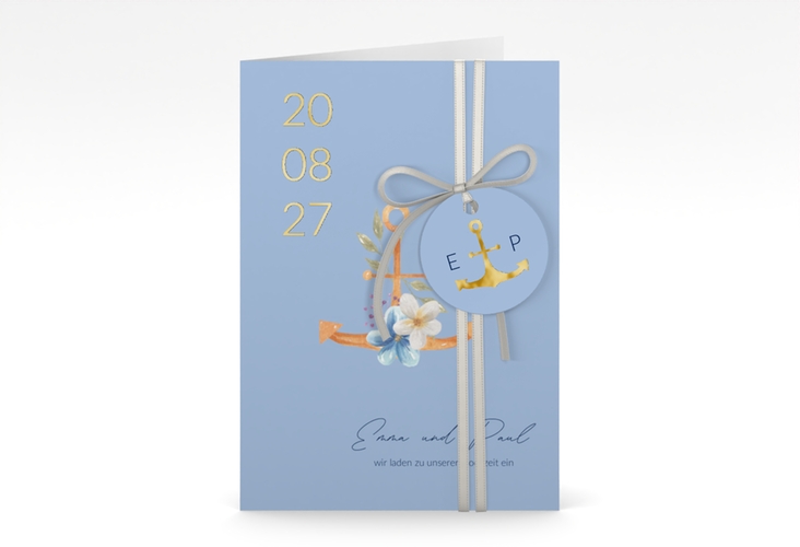 Einladungskarte Hochzeit Anker Floral A6 Klappkarte hoch blau gold