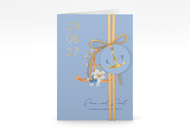 Einladungskarte Hochzeit Anker Floral A6 Klappkarte hoch blau gold