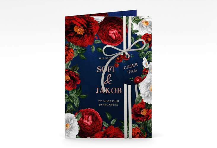 Einladungskarte Hochzeit Florista A6 Klappkarte hoch blau rosegold