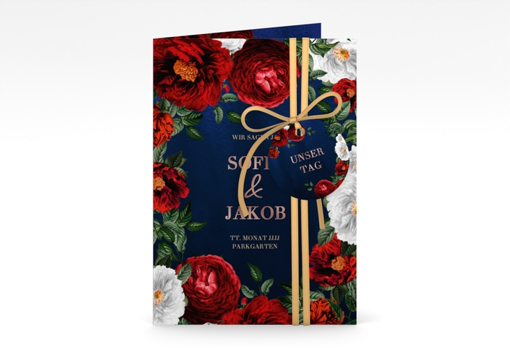 Einladungskarte Hochzeit Florista A6 Klappkarte hoch blau rosegold