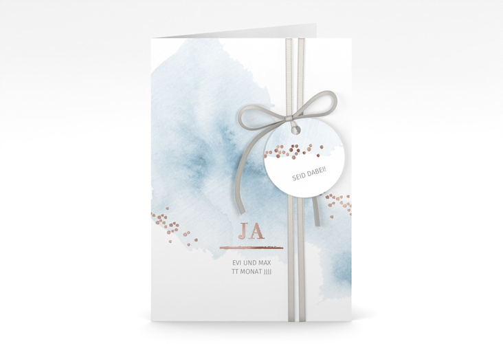 Einladungskarte Hochzeit Pastell A6 Klappkarte hoch blau rosegold
