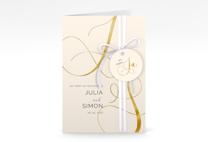 Hochzeitseinladung Eheschließung A6 Klappkarte hoch beige gold mit Gräsern und Trockenblumen für Boho-Hochzeit