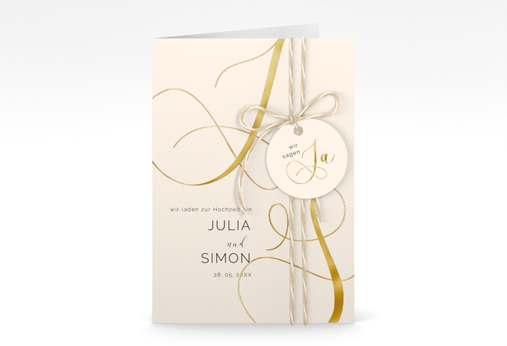 Hochzeitseinladung Eheschließung A6 Klappkarte hoch beige gold mit Gräsern und Trockenblumen für Boho-Hochzeit