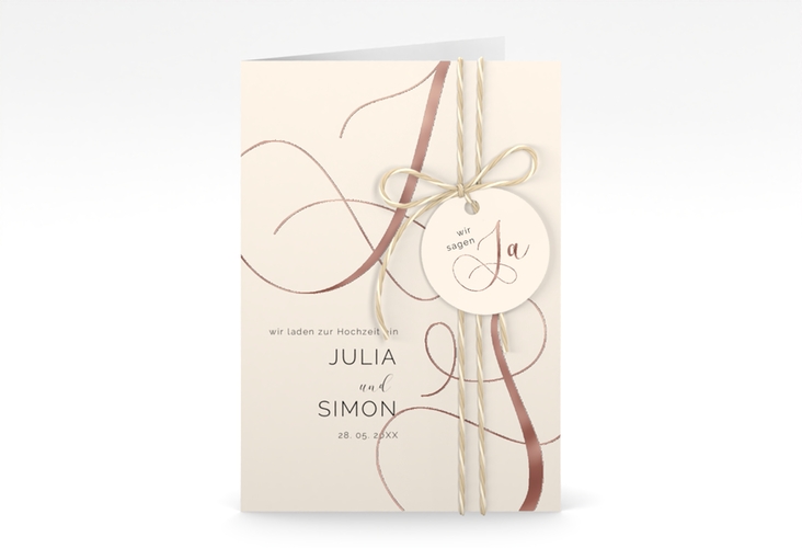 Hochzeitseinladung Eheschließung A6 Klappkarte hoch beige rosegold mit Gräsern und Trockenblumen für Boho-Hochzeit