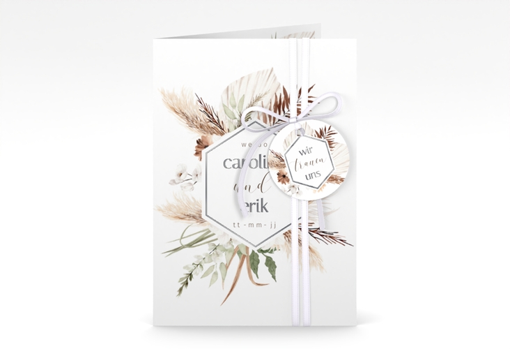 Einladungskarte Hochzeit Bohemian A6 Klappkarte hoch weiss silber mit Gräsern und Trockenblumen für Boho-Hochzeit