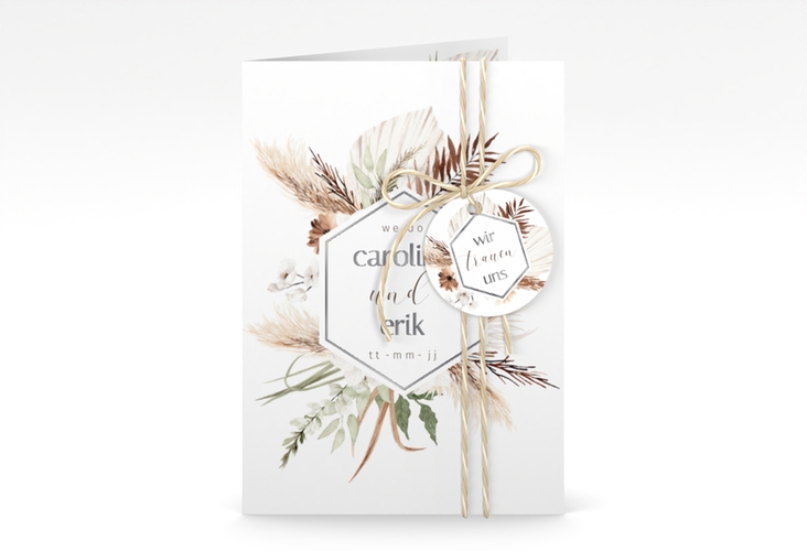 Einladungskarte Hochzeit Bohemian A6 Klappkarte hoch weiss silber mit Gräsern und Trockenblumen für Boho-Hochzeit