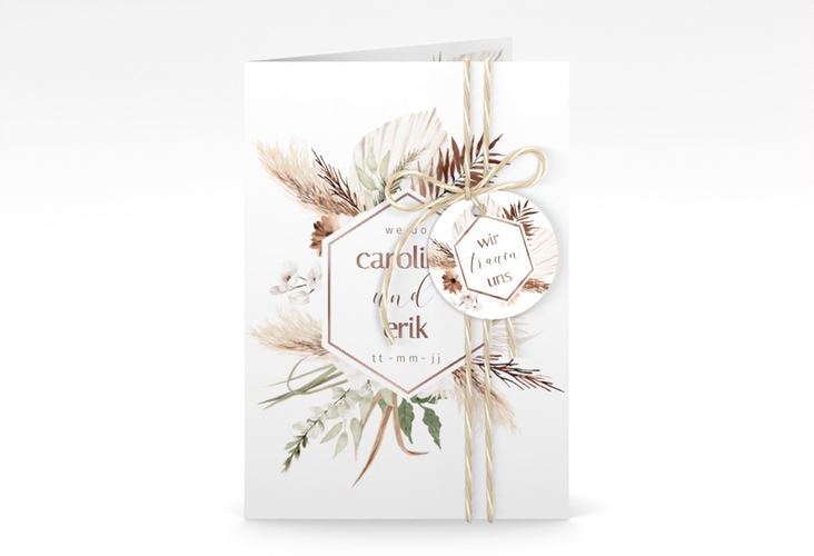 Einladungskarte Hochzeit Bohemian A6 Klappkarte hoch weiss rosegold mit Gräsern und Trockenblumen für Boho-Hochzeit