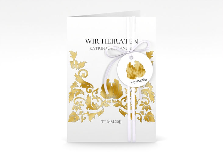 Einladungskarte Hochzeit Royal A6 Klappkarte hoch weiss gold mit barockem Blumen-Ornament