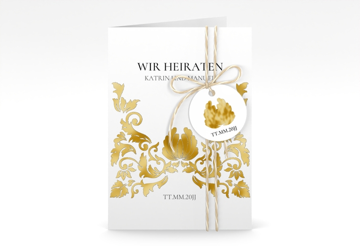 Einladungskarte Hochzeit Royal A6 Klappkarte hoch weiss gold mit barockem Blumen-Ornament