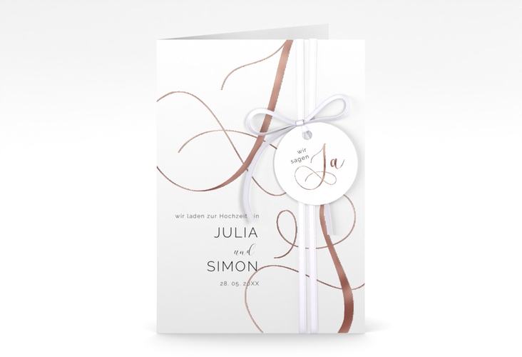 Hochzeitseinladung Eheschließung A6 Klappkarte hoch weiss rosegold mit Gräsern und Trockenblumen für Boho-Hochzeit