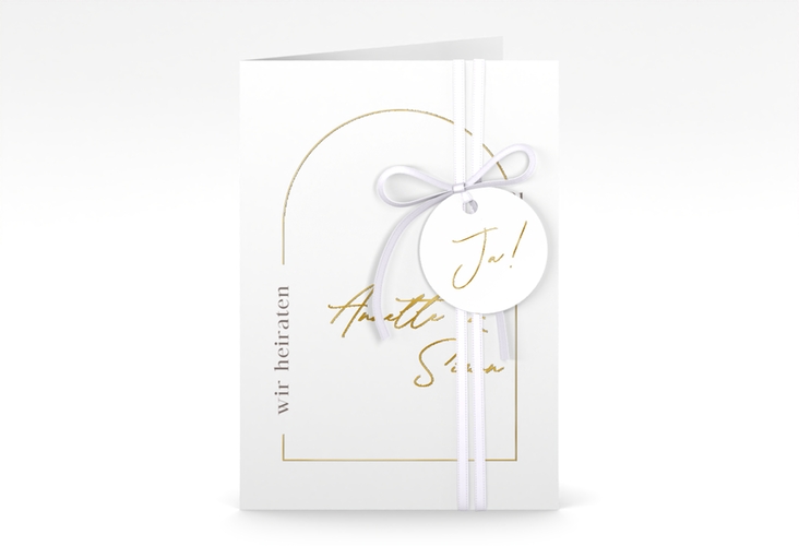 Einladungskarte Hochzeit Rundung A6 Klappkarte hoch weiss gold