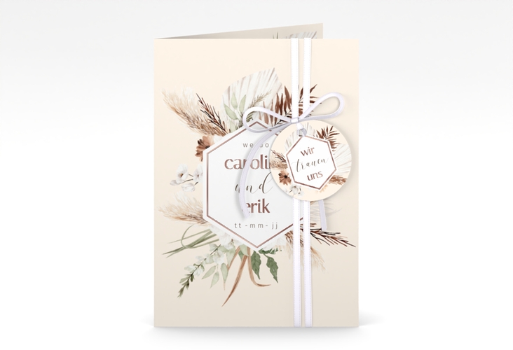Einladungskarte Hochzeit Bohemian A6 Klappkarte hoch beige rosegold mit Gräsern und Trockenblumen für Boho-Hochzeit