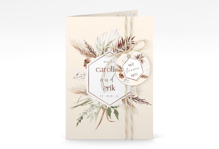 Einladungskarte Hochzeit Bohemian A6 Klappkarte hoch beige rosegold mit Gräsern und Trockenblumen für Boho-Hochzeit