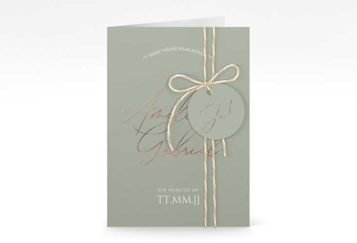 Einladungskarte Hochzeit Federschrift A6 Klappkarte hoch gruen rosegold in schlichtem Design mit Kalligrafie