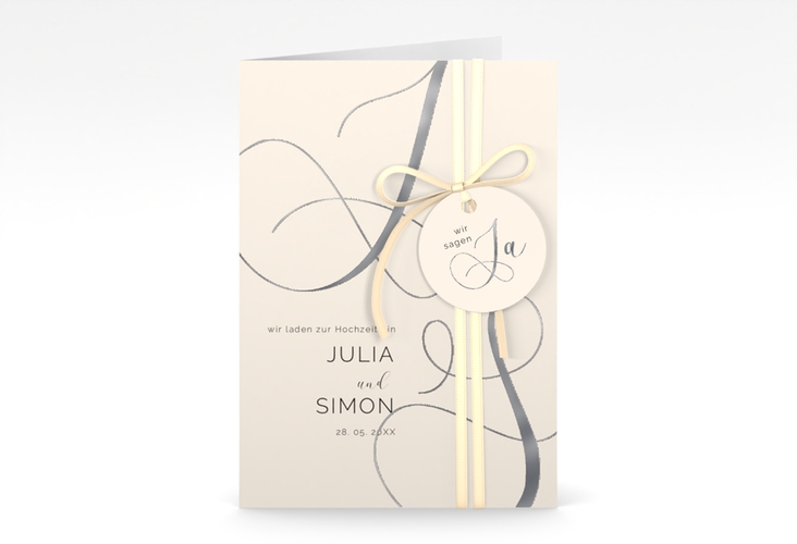 Hochzeitseinladung Eheschließung A6 Klappkarte hoch beige silber mit Gräsern und Trockenblumen für Boho-Hochzeit