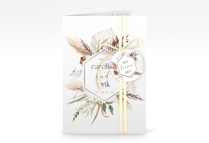 Einladungskarte Hochzeit Bohemian A6 Klappkarte hoch weiss silber mit Gräsern und Trockenblumen für Boho-Hochzeit