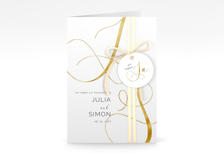 Hochzeitseinladung Eheschließung A6 Klappkarte hoch weiss gold mit Gräsern und Trockenblumen für Boho-Hochzeit