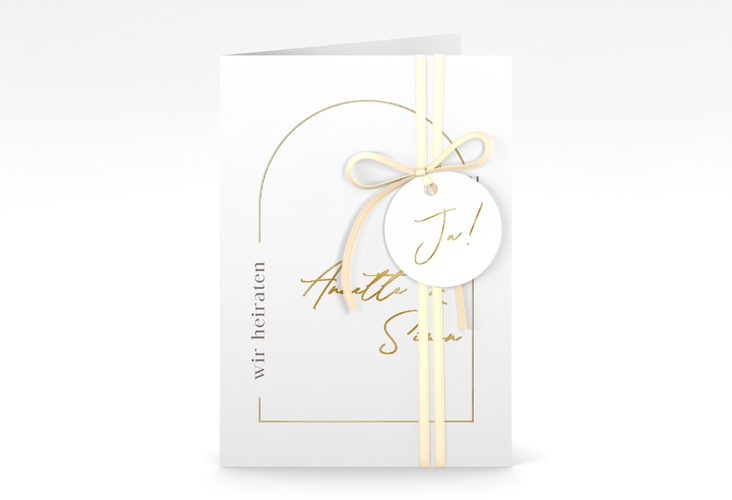Einladungskarte Hochzeit Rundung A6 Klappkarte hoch weiss gold