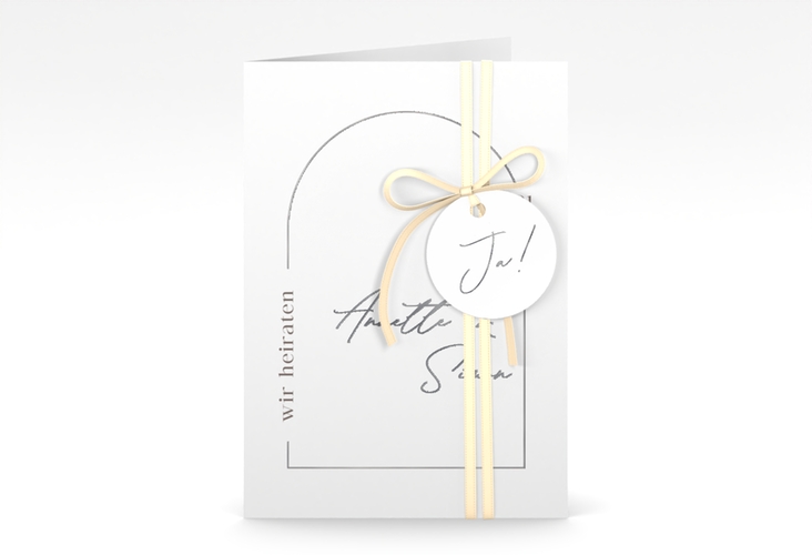 Einladungskarte Hochzeit Rundung A6 Klappkarte hoch weiss silber