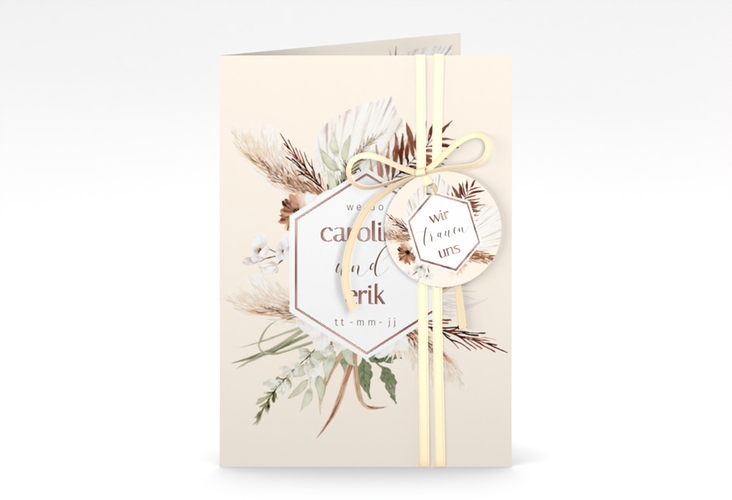 Einladungskarte Hochzeit Bohemian A6 Klappkarte hoch beige rosegold mit Gräsern und Trockenblumen für Boho-Hochzeit