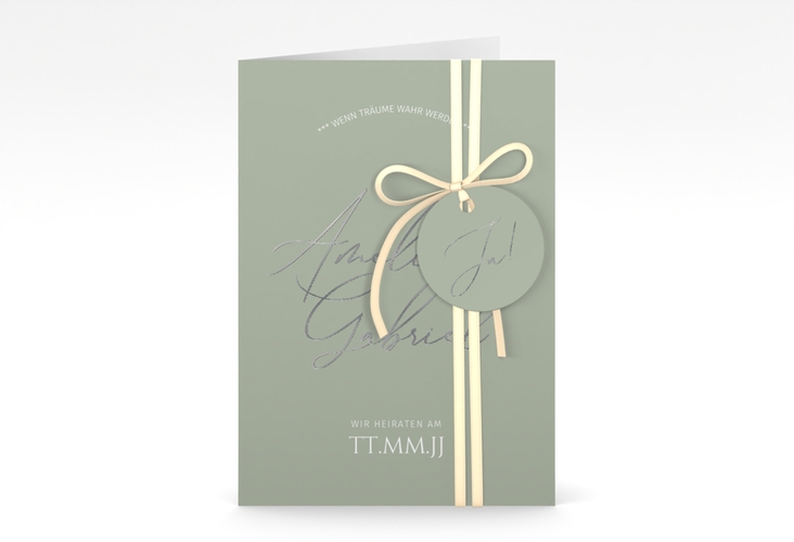Einladungskarte Hochzeit Federschrift A6 Klappkarte hoch gruen silber in schlichtem Design mit Kalligrafie