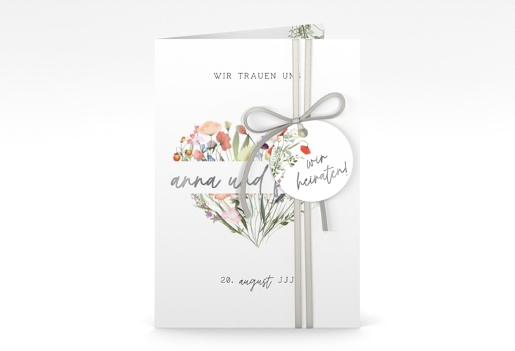 Einladungskarte Hochzeit Wildblumenherz A6 Klappkarte hoch bunt silber