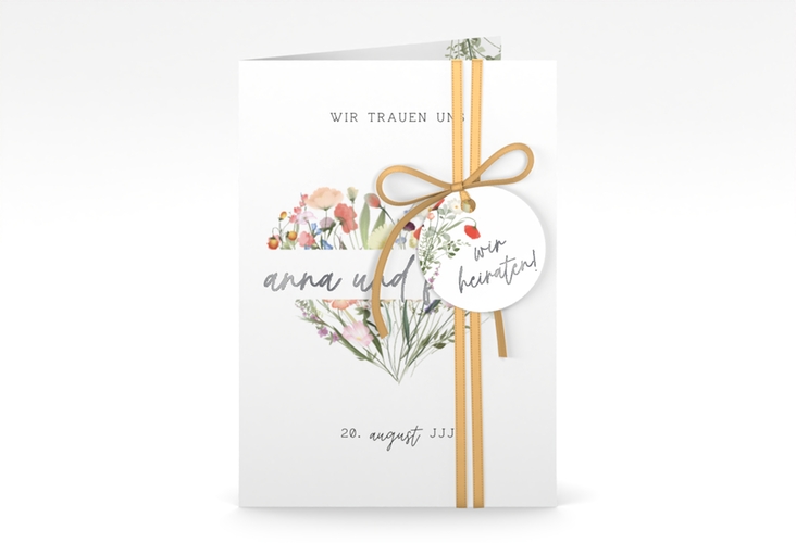 Einladungskarte Hochzeit Wildblumenherz A6 Klappkarte hoch bunt silber