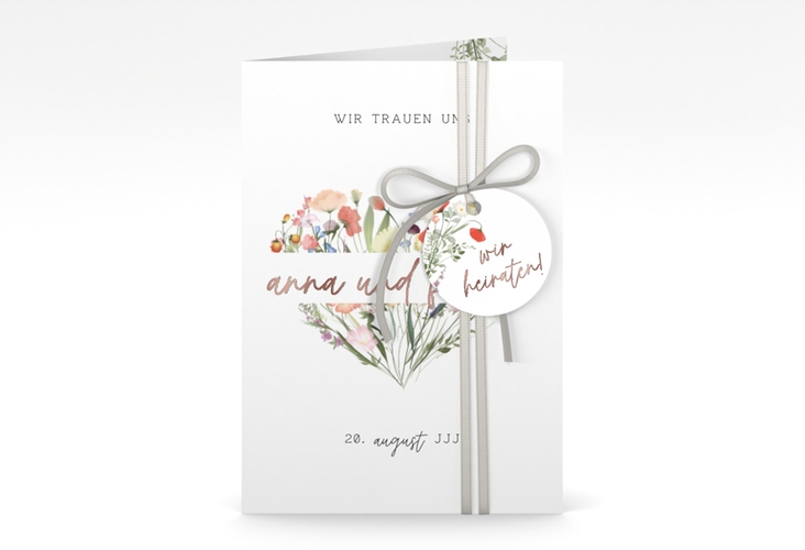 Einladungskarte Hochzeit Wildblumenherz A6 Klappkarte hoch bunt rosegold