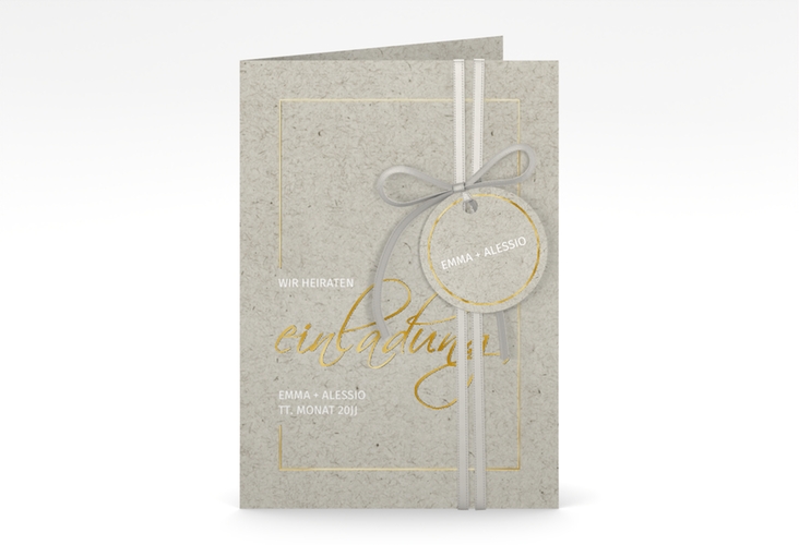Einladungskarte Hochzeit Simple Line A6 Klappkarte hoch grau gold