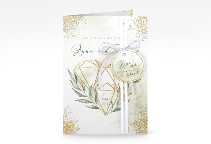 Einladungskarte Hochzeit Heartfelt A6 Klappkarte hoch weiss gold mit Diamanten im Geometric Design
