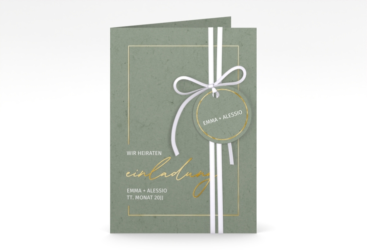Einladungskarte Hochzeit Simple Line A6 Klappkarte hoch gruen gold
