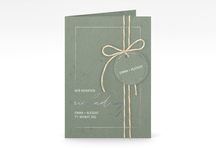 Einladungskarte Hochzeit Simple Line A6 Klappkarte hoch gruen silber