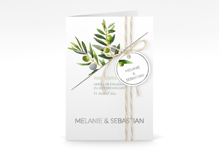 Einladungskarte Hochzeit Olivenzweig A6 Klappkarte hoch weiss silber