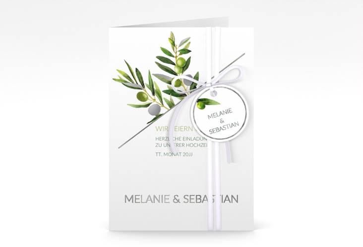 Einladungskarte Hochzeit Olivenzweig A6 Klappkarte hoch weiss silber