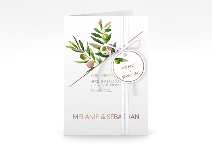 Einladungskarte Hochzeit Olivenzweig A6 Klappkarte hoch weiss rosegold