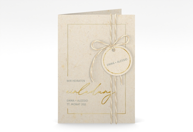 Einladungskarte Hochzeit Simple Line A6 Klappkarte hoch beige gold