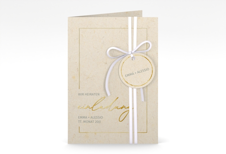 Einladungskarte Hochzeit Simple Line A6 Klappkarte hoch beige gold