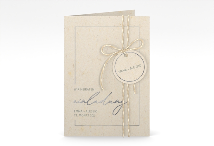 Einladungskarte Hochzeit Simple Line A6 Klappkarte hoch beige silber
