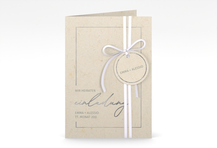 Einladungskarte Hochzeit Simple Line A6 Klappkarte hoch beige silber