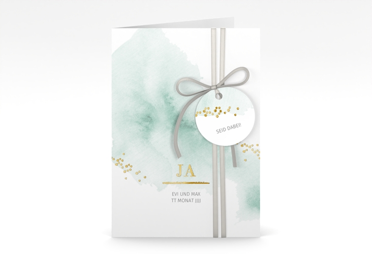 Einladungskarte Hochzeit Pastell A6 Klappkarte hoch mint gold
