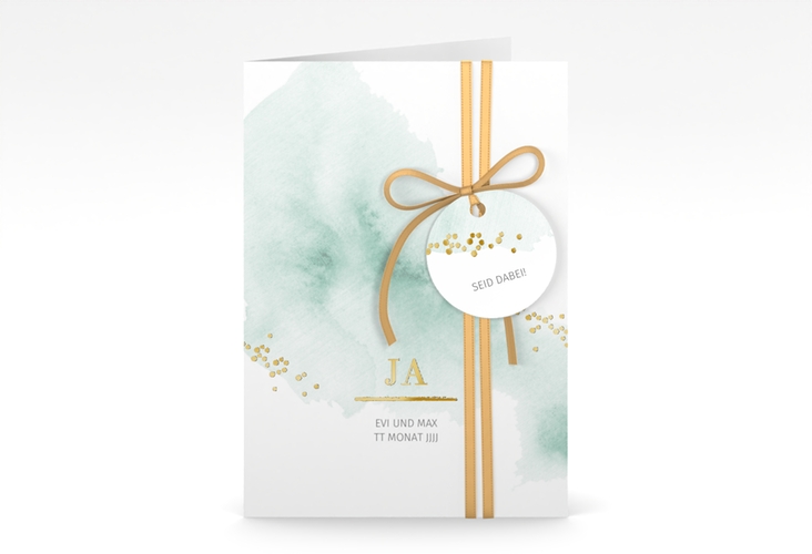 Einladungskarte Hochzeit Pastell A6 Klappkarte hoch mint gold