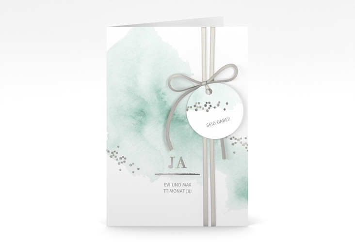 Einladungskarte Hochzeit Pastell A6 Klappkarte hoch mint silber