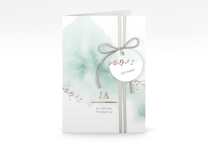Einladungskarte Hochzeit Pastell A6 Klappkarte hoch mint rosegold