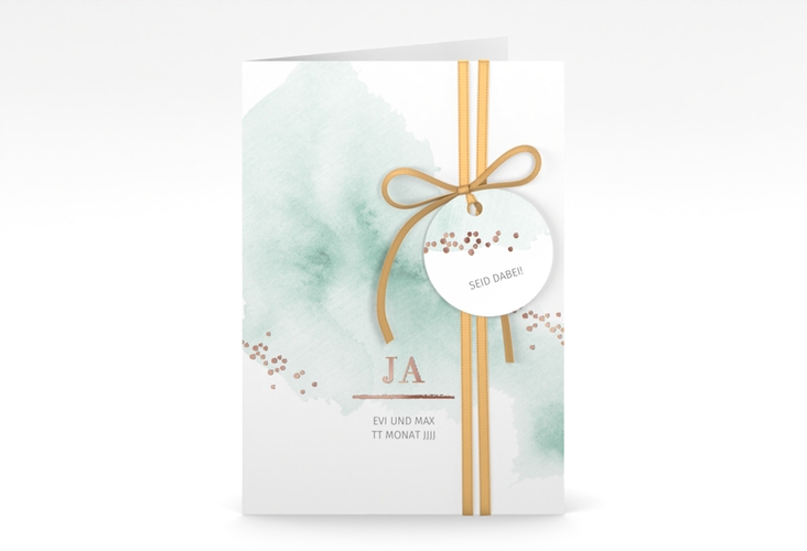 Einladungskarte Hochzeit Pastell A6 Klappkarte hoch mint rosegold