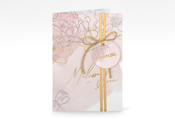 Einladungskarte Hochzeit Pfingstrosen A6 Klappkarte hoch rosa gold