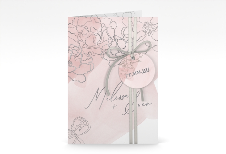 Einladungskarte Hochzeit Pfingstrosen A6 Klappkarte hoch rosa silber