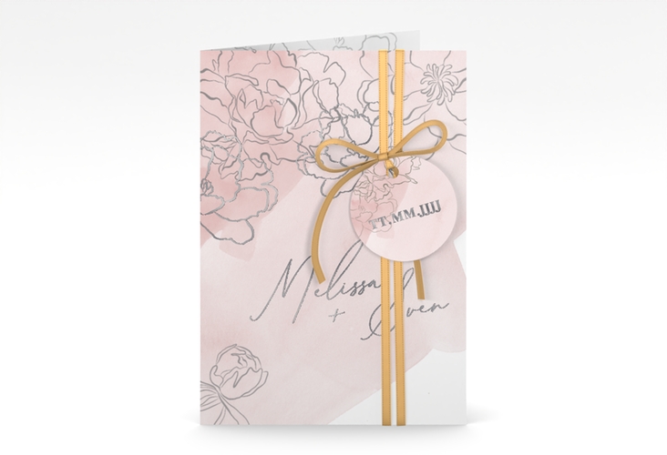 Einladungskarte Hochzeit Pfingstrosen A6 Klappkarte hoch rosa silber