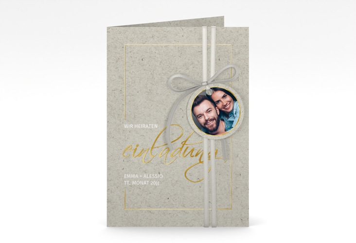 Einladungskarte Hochzeit Simple Line A6 Klappkarte hoch grau gold