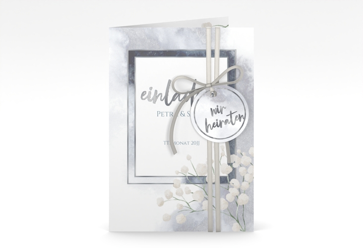Einladungskarte Hochzeit Winter A6 Klappkarte hoch blau silber mit Schleierkraut